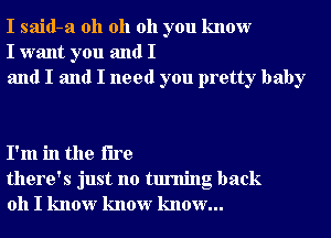 I said-a oh oh oh you know
I want you and I
and I and I need you pretty baby

I'm in the fire
there's just no turning back
011 I know know know...