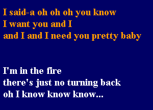 I said-a oh oh oh you know
I want you and I
and I and I need you pretty baby

I'm in the fire
there's just no turning back
011 I know know know...