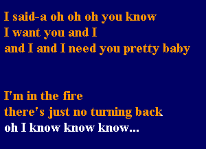 I said-a oh oh oh you know
I want you and I
and I and I need you pretty baby

I'm in the fire
there's just no turning back
011 I know know know...