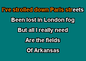 I've strolled down Paris streets

Been lost in London fog

But all I really need

Are the fields

Of Arkansas