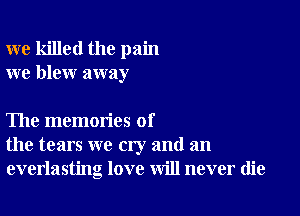 we killed the pain
we blew away

The memories of
the tears we cry and an
everlasting love will never die