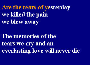 Are the tears of yesterday
we killed the pain
we blew away

The memories of the
tears we cry and an
everlasting love will never die