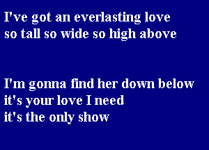 I've got an everlasting love
so tall so Wide so high above

I'm gonna fmd her down belowr
it's your love I need
it's the only showr