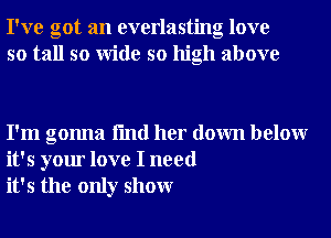 I've got an everlasting love
so tall so Wide so high above

I'm gonna fmd her down belowr
it's your love I need
it's the only showr