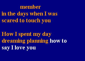 member
in the days when I was
scared to touch you

How I spent my day
dreaming plamling how to
say I love you