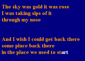 The sky was gold it was rose
I was taking sips of it
through my nose

And I wish I could get back there
some place back there
in the place we used to start