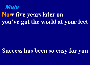 Male

N 0W live years later on
you've got the world at your feet

Success has been so easy for you