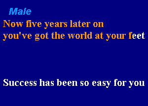 Male

N 0W live years later on
you've got the world at your feet

Success has been so easy for you