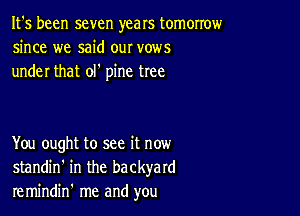 It's been seven years tomorrow
since we said our vows
under that olt pine tree

You ought to see it now
standin' in the backyard
remindin' me and you