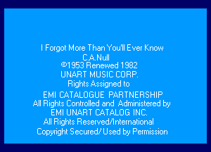 I Forgot More Than You'll Eve! Know

CANuII
(91953 Renewed 1982

UNAFIT MUSIC CORP.
Rights Assigned to
EMI CATALOGUE PARTNERSHIP
All Rights Contlolled and Administeted by
EMI UNART CATALOG INC
All Rights Resewedllntemalionel
Copytighl Seemed! Used by Pelmnssnon