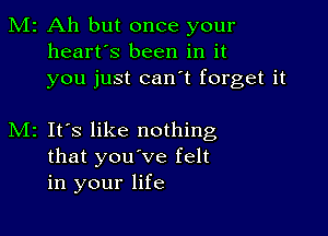 M2 Ah but once your
heart's been in it
you just can't forget it

M2 It's like nothing
that you've felt
in your life