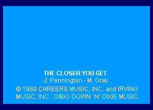 THE CLOSER YOU GET

J. Pennington - M. Gray
1980 CAREERS MUSIC, INC, and IRVING
MUSIC, INC. 01810 DOWN N' DIXIE MUSIC