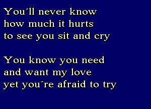 You'll never know
how much it hurts
to see you sit and cry

You know you need
and want my love
yet youore afraid to try