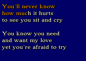 You'll never know
how much it hurts
to see you sit and cry

You know you need
and want my love
yet youore afraid to try