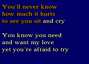 You'll never know
how much it hurts
to see you sit and cry

You know you need
and want my love
yet youore afraid to try