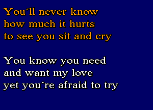 You'll never know
how much it hurts
to see you sit and cry

You know you need
and want my love
yet youore afraid to try