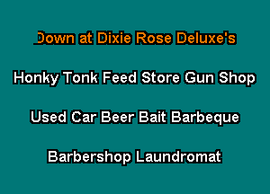 Down at Dixie Rose Deluxe's

Honky Tonk Feed Store Gun Shop

Used Car Beer Bait Barbeque

Barbershop Laundromat