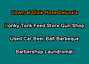 Down at Dixie Rose Deluxe's

Honky Tonk Feed Store Gun Shop

Used Car Beer Bait Barbeque

Barbershop Laundromat