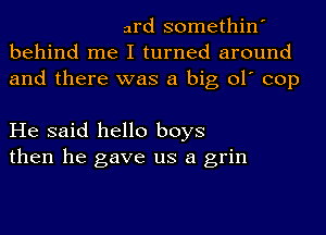 ard somethin'
behind me I turned around
and there was a big ol' cop

He said hello boys
then he gave us a grin