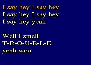 I say hey I say hey
I say hey I say hey
I say hey yeah

XVell I smell
T-R-O-U-B-L-E
yeah woo