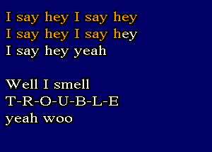 I say hey I say hey
I say hey I say hey
I say hey yeah

XVell I smell
T-R-O-U-B-L-E
yeah woo