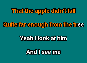 That the apple didn't fall

Quite far enough from the tree

Yeah I look at him

And I see me