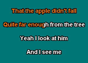 That the apple didn't fall

Quite far enough from the tree

Yeah I look at him

And I see me