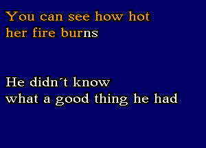 You can see how hot
her fire burns

He didn't know
What a good thing he had