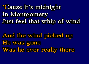 'Cause it's midnight
In IVIontgomery
Just feel that Whip of wind

And the wind picked up
He was gone
Was he ever really there