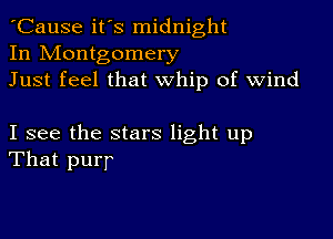 'Cause it's midnight
In Montgomery
Just feel that whip of wind

I see the stars light up
That purr