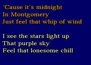 'Cause it's midnight
In IVIontgomery
Just feel that Whip of wind

I see the stars light up

That purple sky
Feel that lonesome chill