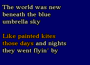 The world was new
beneath the blue
umbrella sky

Like painted kites
those days and nights
they went flyine by