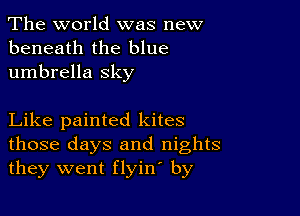 The world was new
beneath the blue
umbrella sky

Like painted kites
those days and nights
they went flyine by