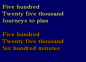 Five hundred
Twenty five thousand

Journeys to plan

Five hundred
Twenty five thousand
Six hundred minutes