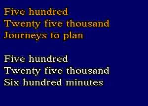 Five hundred
Twenty five thousand

Journeys to plan

Five hundred
Twenty five thousand
Six hundred minutes