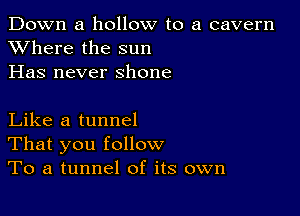 Down a hollow to a cavern
XVhere the sun
Has never shone

Like a tunnel
That you follow
To a tunnel of its own