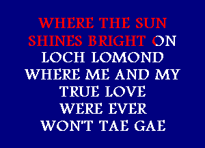 3N
LOCH LOMOND

WHERE ME AND MY
TRUE LOVE
WERE EVER

WON'T TAE GAE