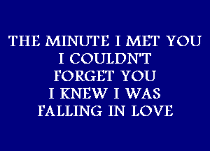 THE MINUTE I MET YOU
I COULDN'T
FORGET YOU
I KNEW I WAS
FALLING IN LOVE