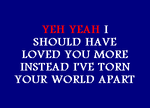 I
SHOULD HAVE
LOVED YOU MORE
INSTEAD I'VE TORN
YOUR WORLD APART