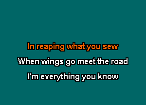 In reaping what you sew

When wings go meet the road

I'm everything you know