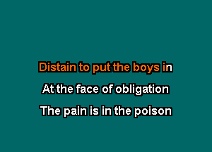 Distain to put the boys in
At the face of obligation

The pain is in the poison