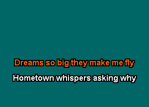 Dreams so big they make me fly

Hometown whispers asking why