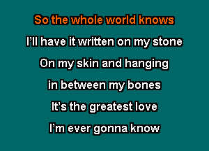 So the whole world knows
PM have it written on my stone
On my skin and hanging

in between my bones

ltys the greatest love

Pm ever gonna know I