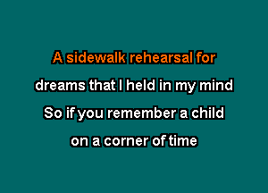 A sidewalk rehearsal for

dreams thatl held in my mind

So ifyou remember a child

on a corner oftime