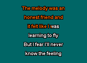 The melody was an
honest friend and
it felt like I was
learning to fly

But I fear Pll never

know the feeling