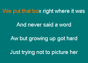 We put that box right where it was
And never said a word
Aw but growing up got hard

Just trying not to picture her