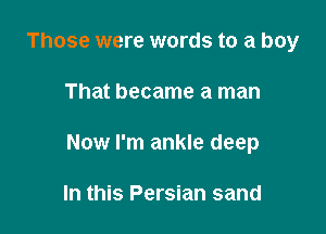 Those were words to a boy

That became a man

Now I'm ankle deep

In this Persian sand