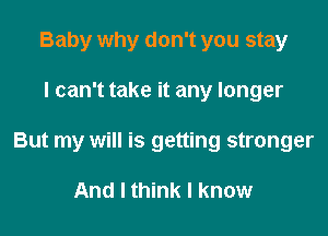 Baby why don't you stay

I can't take it any longer

But my will is getting stronger

And I think I know