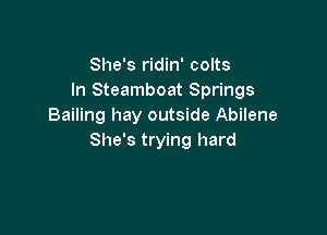 She's ridin' colts
In Steamboat Springs
Bailing hay outside Abilene

She's trying hard