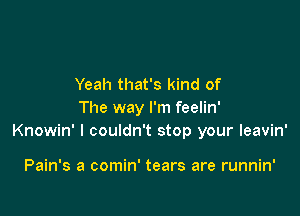 Yeah that's kind of

The way I'm feelin'
Knowin' I couldn't stop your leavin'

Pain's a comin' tears are runnin'